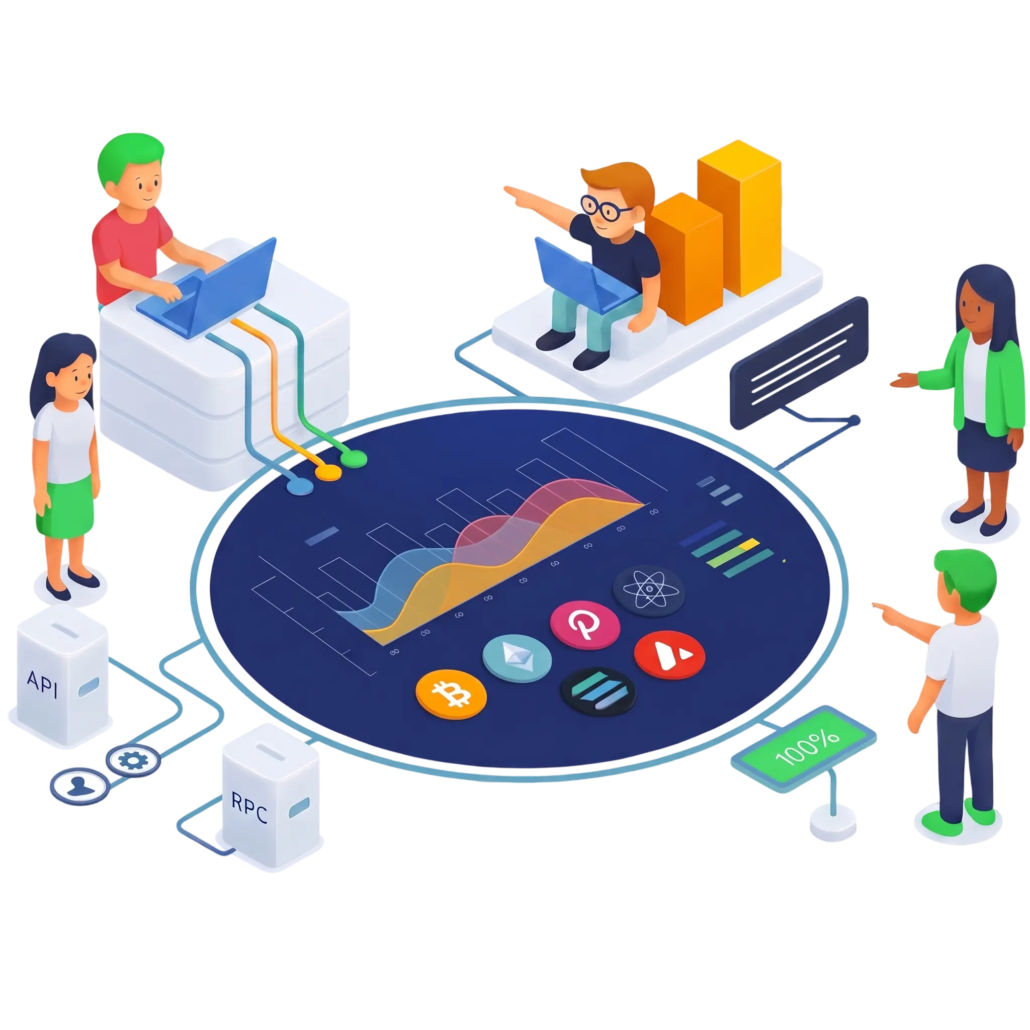 StakeUp isometric illustration of validator infrastructure with API and RPC nodes